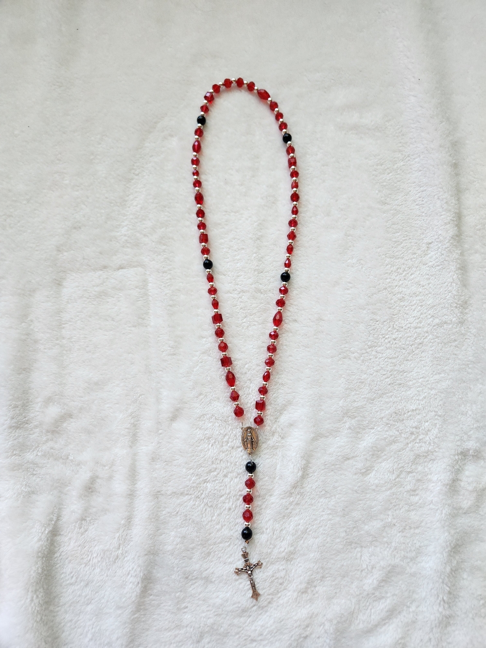 Red and Black Beaded Rosary with Cross Pendant